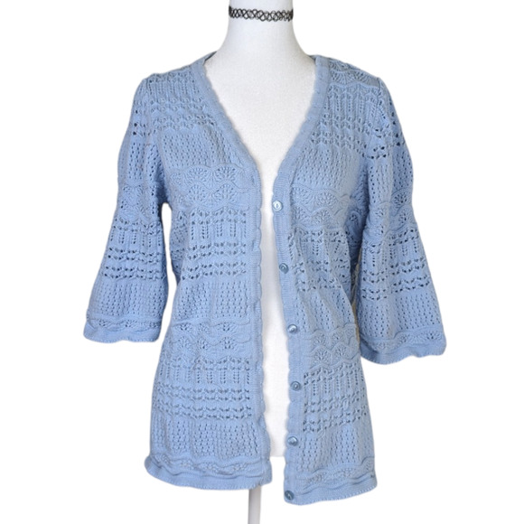 Blair Blue Cottagecore Coquette  Crochet Short Sleeves Spring Cardigan XL - Picture 6 of 6